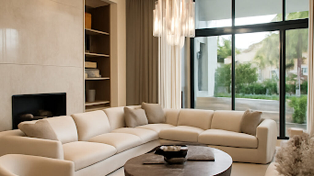 Modern luxury villa interior with spacious living areas, contemporary design, elegant furniture, and large windows offering natural light, creating a serene and sophisticated atmosphere.