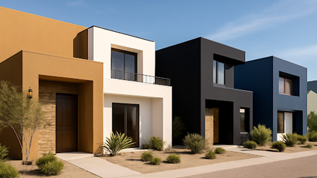 Alttag: Modern house exterior with a sleek, contemporary design featuring neutral tones and natural materials like stone and wood, set against a bright, sunny backdrop.