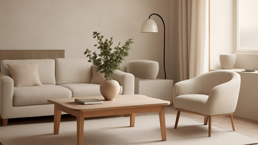 Modern minimalist living room design with clean lines, neutral tones, and natural lighting, showcasing a spacious and serene atmosphere in a contemporary home.