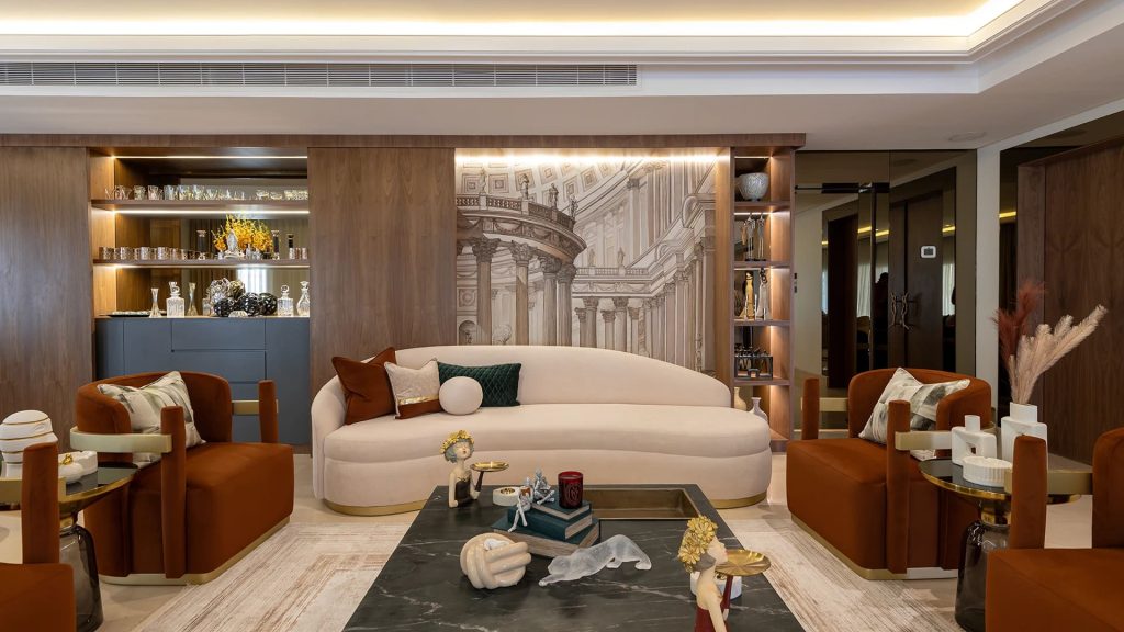Custom luxury furniture in a Dubai villa living room featuring modern sofa, coffee table, and bespoke Art Deco design.