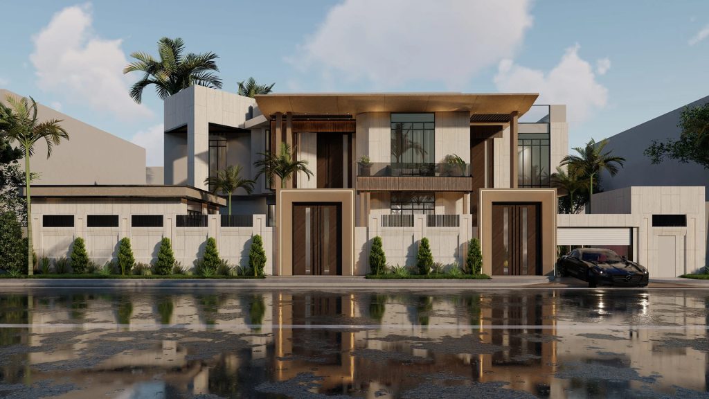 Modern two-story house with contemporary facade design featuring large glass windows, wooden paneling, and palm trees reflected in a water surface.