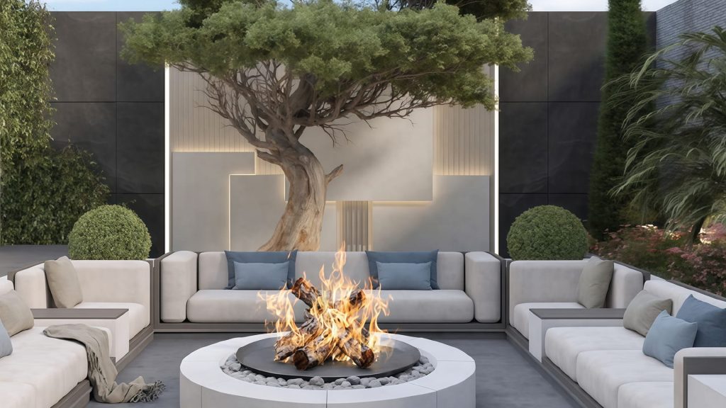 Modern villa garden with fire pit and seating