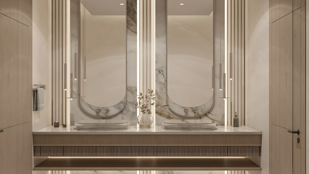 Modern villa bathroom design with mirrors and warm lighting.